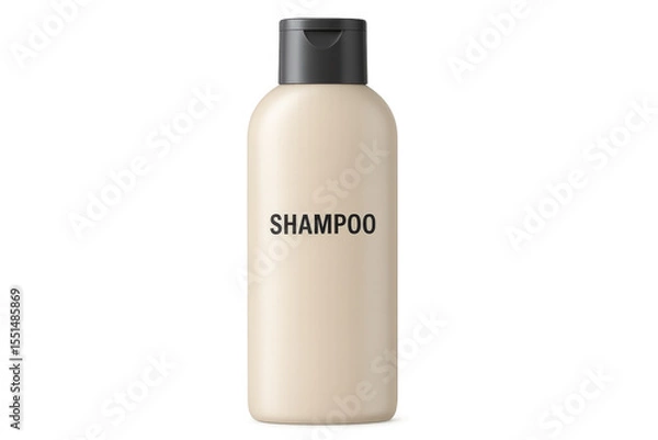 Fototapeta Beige shampoo bottle with black flip-top cap on transparent background