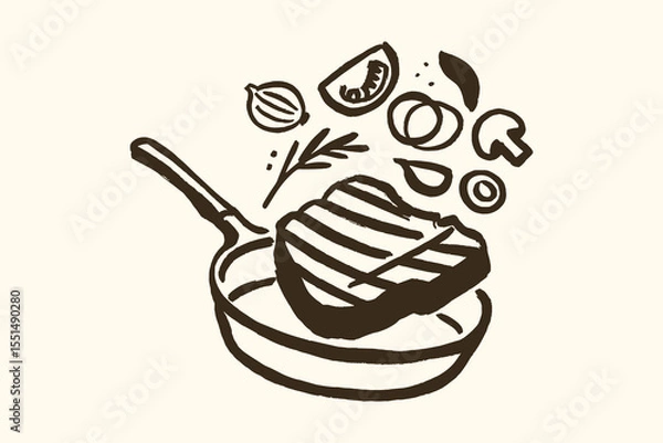 Fototapeta Steak in frying pan naive bold ink sketch vector illustration