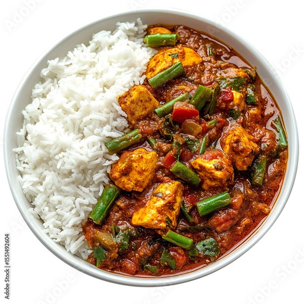 Fototapeta Home made south indian spicy non veg meal combo for one with white rice chicken curry isolated on a white background