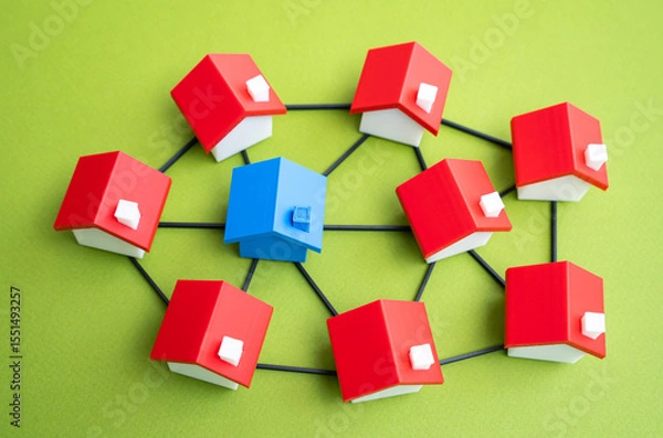 Fototapeta Blue House in a network of connected houses. Autonomy and self-sufficiency. Smart home technologies on a community scale. Data sharing, energy efficiency. IoT adoption. Sustainable communities,