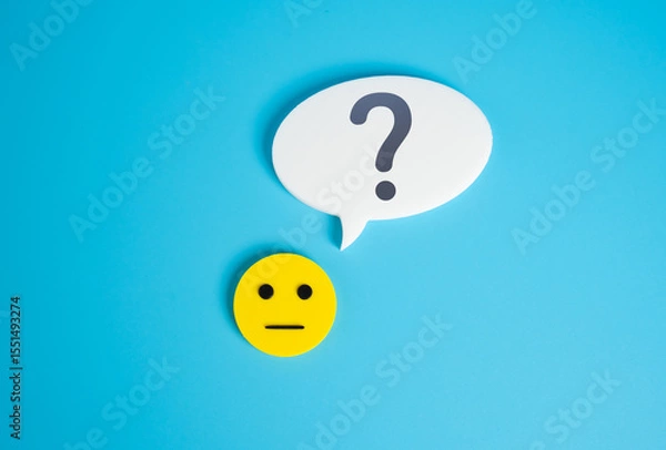 Fototapeta A neutral, emotionless face asks a question. Surveys and statistics collection. Opinion and feedback. Public opinion polls, or demographic research. Analytics, behavior study, marketing feedback