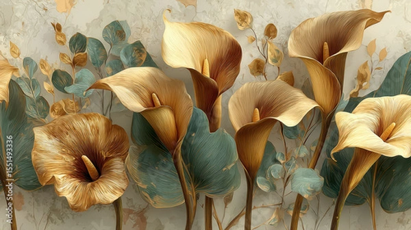 Fototapeta Golden calla lilies and leaves create an elegant abstract wall mural on a soft beige backdrop