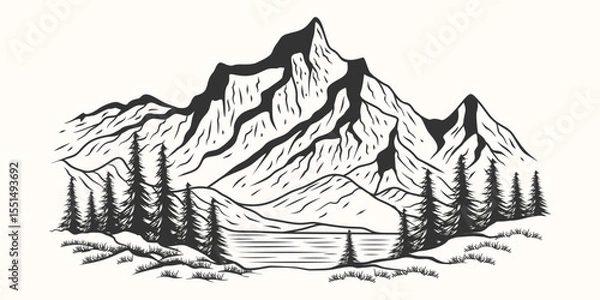 Fototapeta black and white line art of mountains and pine trees, landscape outdoor scene vector illustration	
