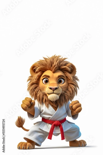 Fototapeta Anthropomorphic lion in white karate gi with red belt performing dynamic martial arts pose on plain background