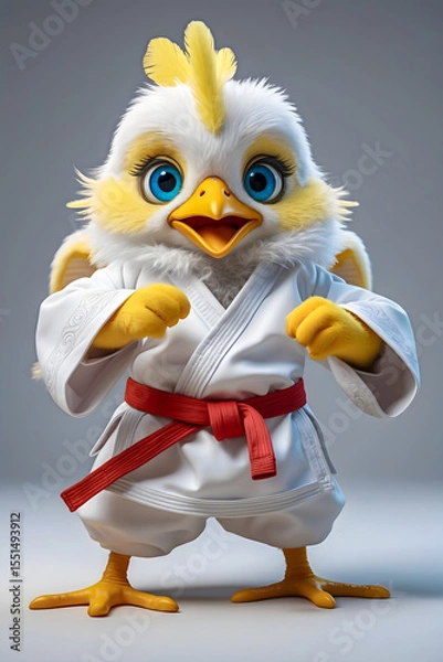 Fototapeta Anthropomorphic white chick dressed in traditional martial arts gi with red belt, striking a focused karate pose on grey background