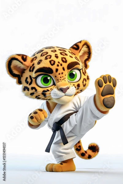 Fototapeta Cute anthropomorphic cartoon leopard cub performing a dynamic karate kick in a white gi with a black belt on a plain background