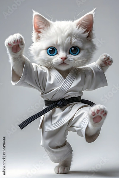 Fototapeta White furry anthropomorphic kitten performing a high kick in a martial arts gi in dynamic action pose