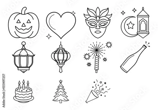 Fototapeta Collection of festive celebration icons including Halloween pumpkin heart mask and lanterns