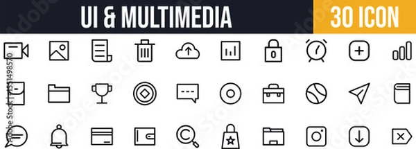 Fototapeta UI Essentials & Multimedia Icon Set. Files, Folders, Media, Messages, and Dashboard Elements icon set.