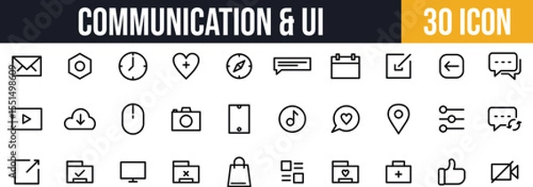Fototapeta Modern UI & Social Media Icon Set. Communication, Media, Files, and interface line icon set.