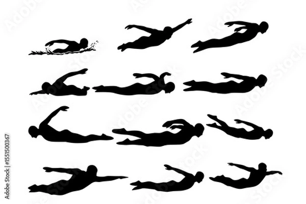 Fototapeta Silhouettes of swimmers performing various swimming strokes in sequence. Black vector illustration showing dynamic swim poses and aquatic motion for sports or training