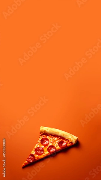 Obraz A tempting pizza slice in a vertical close-up, showcasing golden cheese and perfect crust on a bright orange background. Ideal for social media stories and reels featuring mouth-watering food