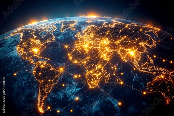Fototapeta A digital map of the Earth at night, showing a global network of light and technology, perfect for geography and connectivity concepts