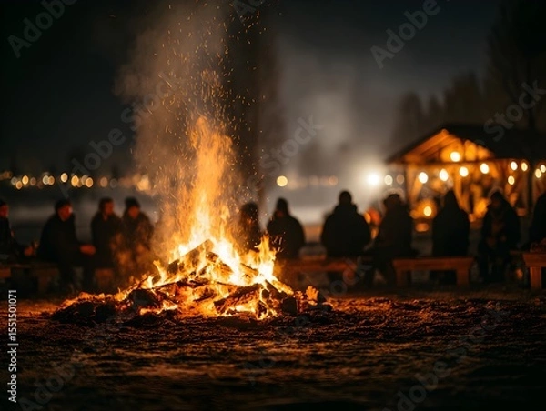 Fototapeta A group of silhouetted people are gathered around a crackling campfire at night with lights in background.