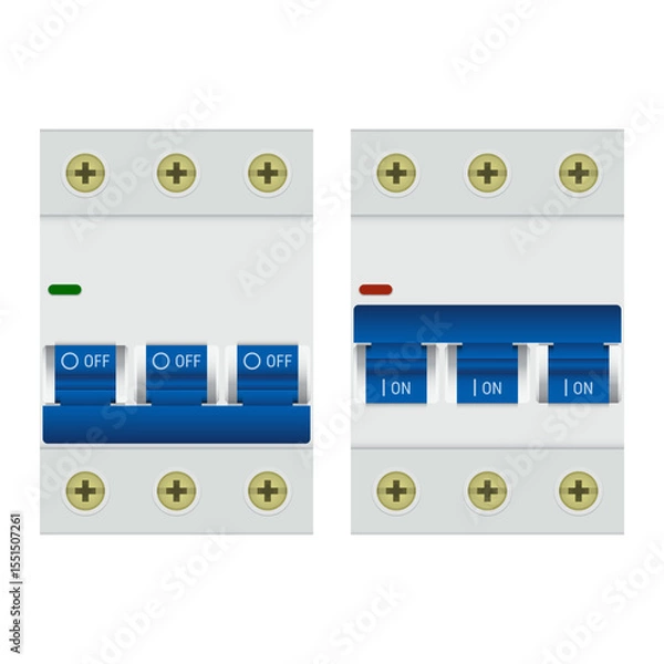 Obraz Realistic electrical 3-pole circuit breaker switches in On and Off positions