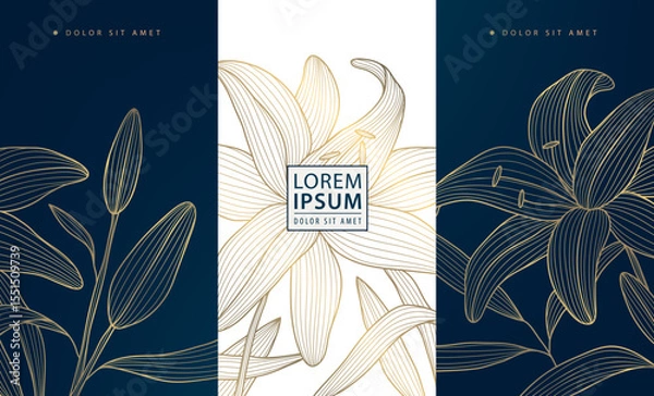Fototapeta Vector set line gold oriental floral elements, chinese, japanese luxury flower background. Asian style package, wine labels, spring borders, elegant plant ornament.