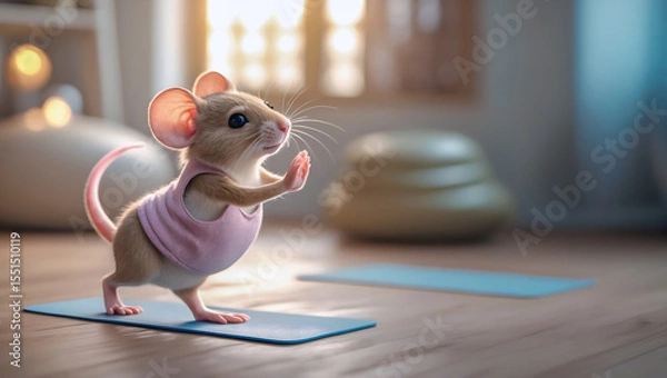 Fototapeta Anthropomorphic cute mouse practicing yoga indoors, mindful stretching on wooden floor in cozy sunlit home environment