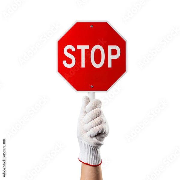 Fototapeta A gloved hand holds a red octagonal stop sign against a transparent background. The sign features bold white letters spelling 'STOP'.