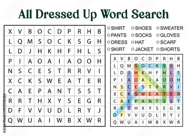Fototapeta All Dressed Up Word Search Puzzle with Solutions Highlighted