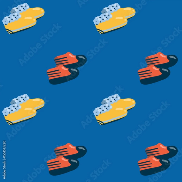 Obraz Waterproof footwear, galoshes, seamless pattern. Bright palette on blue background, hand-drawn illustration