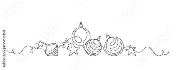 Obraz Festive stars and balls drawn with continuous line in minimalism, one line, Xmas decor. Editable vector outline.