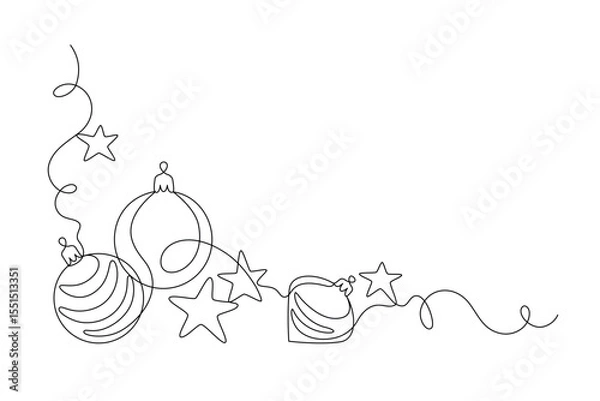 Obraz Festive stars and balls drawn with continuous line in minimalism, one line, Xmas decor. Editable vector outline.