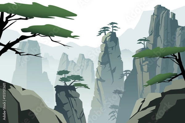 Obraz Beautiful landscape of asian mountains and rocks with trees and vegetation. Amazing rocky mountains in fog. Vector illustration of beautiful asian nature.