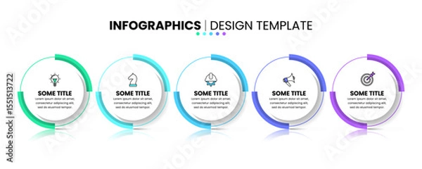 Obraz Infographic template. 5 standing circles in a row with icons