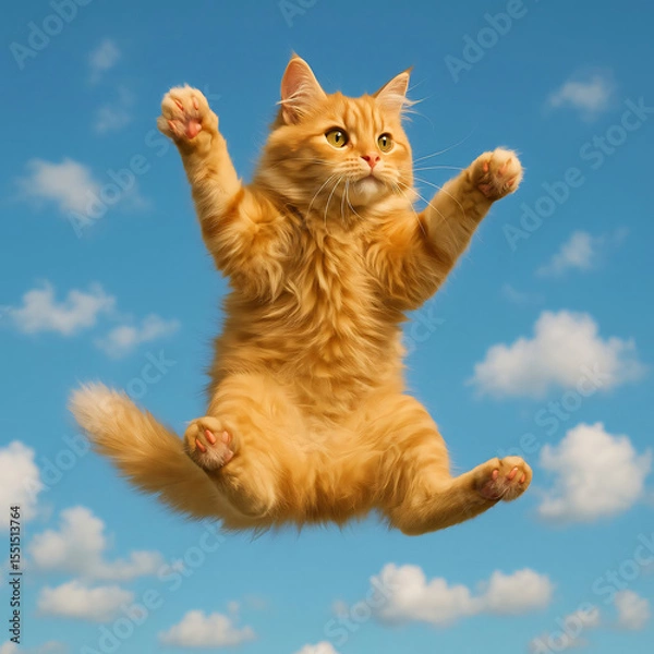 Obraz Funny ginger cat jumping in the air against blue sky with clouds

