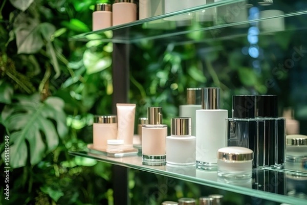 Fototapeta Elegant display of high-end cosmetics on glass shelves in lush greenery showcase of beauty products contemporary environment close-up view