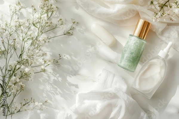 Fototapeta A chic skincare routine showcasing facial masks and serums in a tranquil setting beautifully styled for a modern aesthetic