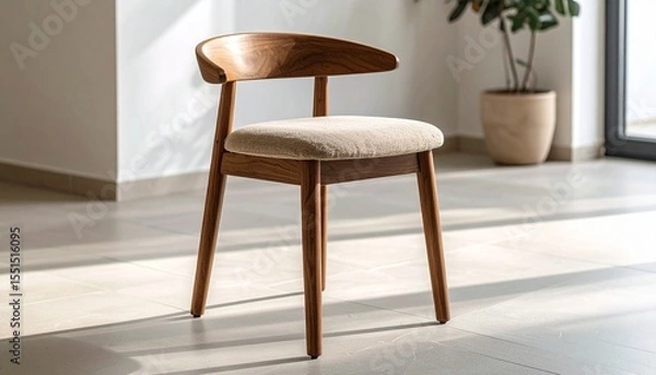 Fototapeta A sleek arched backrest stool in matte walnut with soft fabric seat, placed on smooth tile with diffused light.