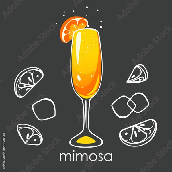 Fototapeta Mimosa cocktail. Refreshing summer alcoholic drink with orange and champagne. Vector illustration on a dark background.