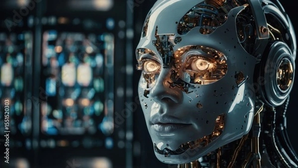Fototapeta Close-up of a Cybernetic Head with Glowing Eyes and Visible Internal Mechanics