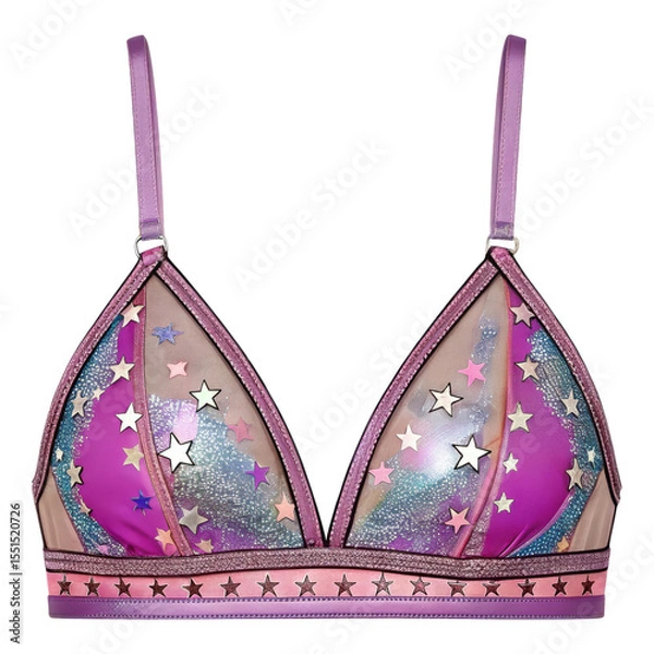 Fototapeta Pink star embellished bra isolated on background featuring sheer fabric and sparkle details