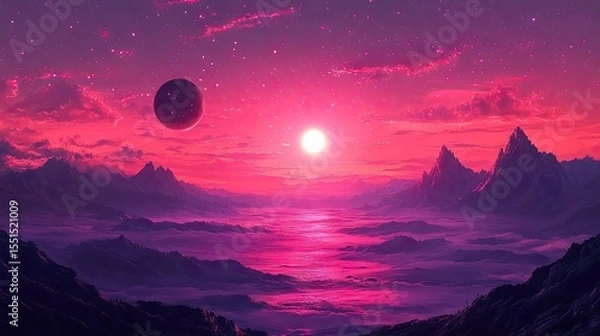 Obraz Hyper realistic 3d render Pink Planet Sunset: An Alien Landscape AI Generative