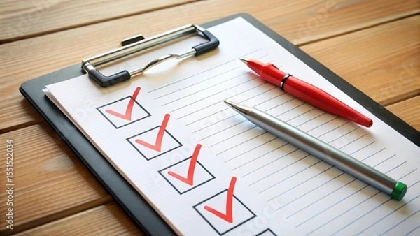 Fototapeta completed checklist on clipboard with red checkmarks and pens for task organization, planning