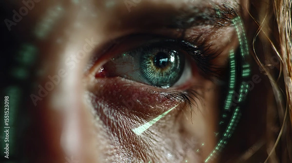 Fototapeta Close-up of a person's iris with a futuristic scanning reticle analyzing unique features of the eye