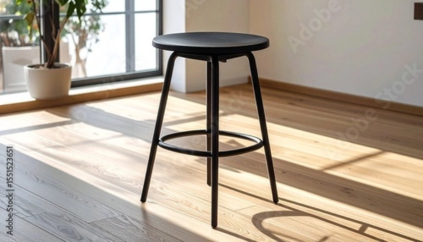 Fototapeta Modern stool with rounded backrest in matte black steel, standing on pale wood flooring with soft shadows.