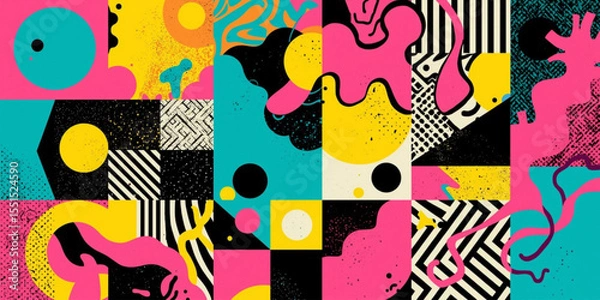 Fototapeta Playful and artistic abstract Memphis background with expressive shapes, vivid colors, and textured details. Great for creative projects, branding, posters, and digital artwork.
