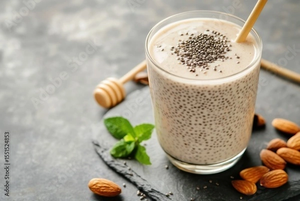 Obraz Refreshing almond milk with chia seeds and honey kitchen countertop food photography modern setting close-up healthy beverage concept