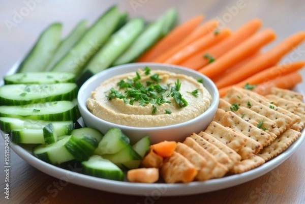 Fototapeta Healthy snack plate featuring sliced carrots and cucumbers kitchen table food photography bright environment overhead view nutritional concept