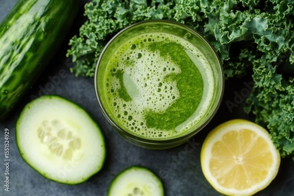 Fototapeta Nutrient-rich green smoothie with kale and apple kitchen food photography clean environment top-down view health concept for optimal nutrition
