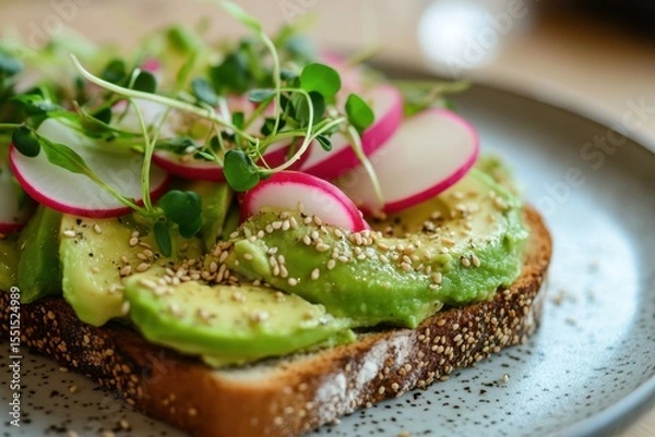 Fototapeta Indulging in gourmet avocado toast a cozy  setting food photography fresh ingredients close-up view of microgreens and radishes