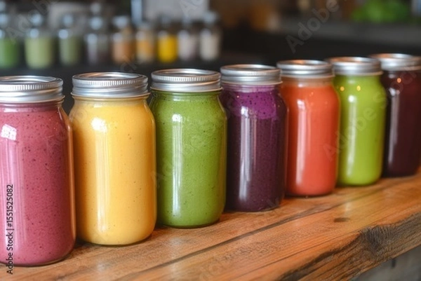 Fototapeta Colorful rainbow smoothie jars displayed on rustic wooden table modern kitchen beverage photography vibrant atmosphere close-up shot