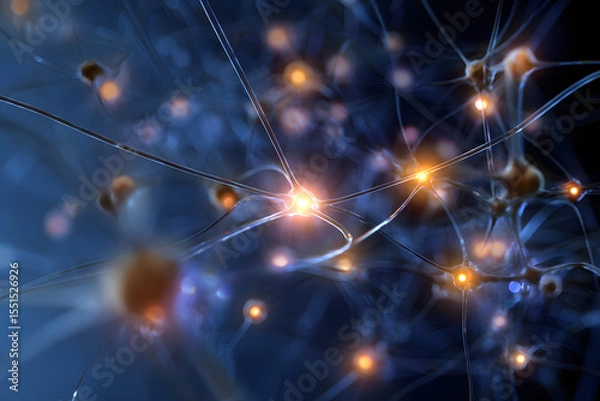 Fototapeta Visual abstract of a neural network with luminous spheres of light as nodes connected by a delicate, glowing web design.