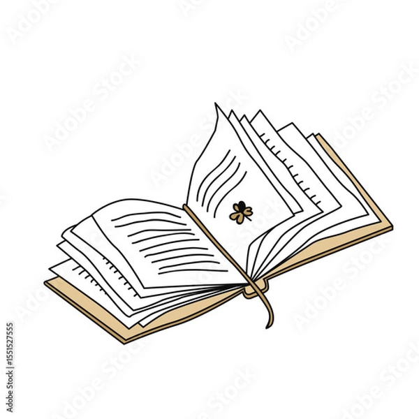 Fototapeta Hand drawn open book or notebook with a bookmark, doodle sketch drawing. Vector vintage book isolated on white background. Graphic illustration