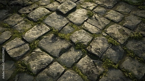 Obraz Hyper realistic 3d render Cobblestone Texture: Mossy Stone Pavement Background AI Generative