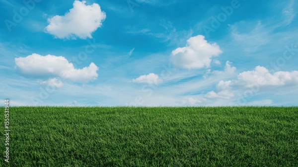Fototapeta A field of green grass with a blue sky and clouds