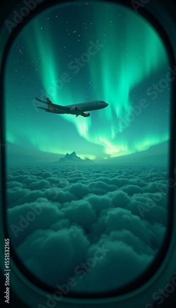 Fototapeta Airplane Flying Above Clouds with Aurora Borealis